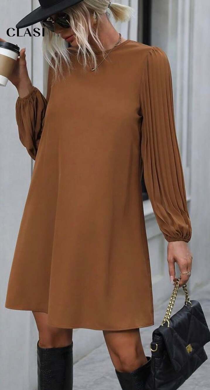SHEIN Clasi Solid Pleated Lantern Sleeve Tunic Dress Brown Small